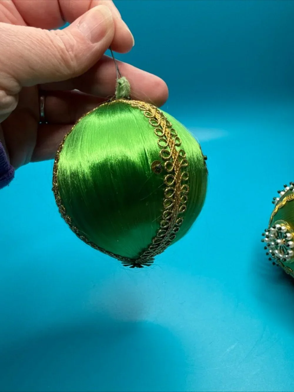 VTG Lot of 3 Push Pin Satin Beaded Jeweled Bulb Christmas Ornaments Red & Green
